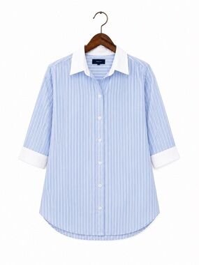 Faconnable Women Light Blue and White Striped Dress Shirt